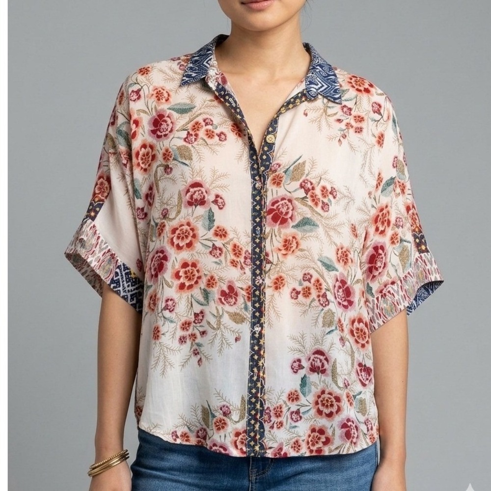Johnny Was Top Womens Size Large Floral Button Up Blouse Boho Aztec Lynn Shirt